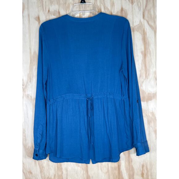 Anthropologie ModCloth Blue Button Down Shirt Drawstring Back Size Large Rayon - Picture 2 of 9
